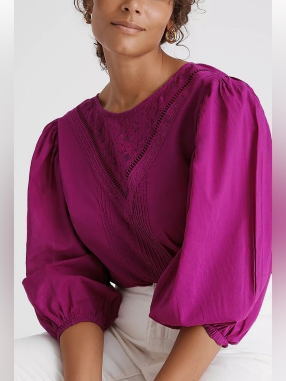 FARM Rio Fuchsia Lace V-Neck Puff Sleeve Top XS Petite